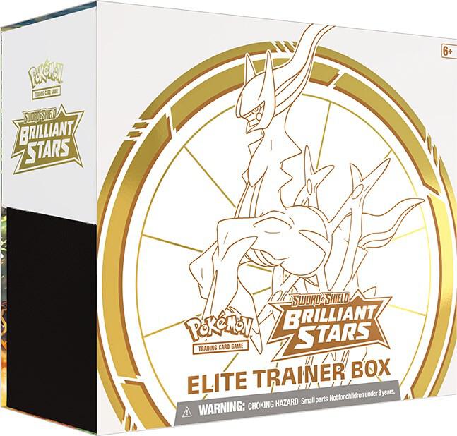 Card Text:(This product is not the Pokemon Center Exclusive) THE POKÉMON TCG: SWORD & SHIELD — BRILLIANT STARS ELITE TRAINER BOX includes: • 8 Pokémon TCG: Sword & Shield—Brilliant Stars booster packs • 65 card sleeves featuring Arceus • 45 Pokémon TCG Energy cards • A player’s guide • A Pokémon TCG rulebook • 6 damage-counter dice • 1 competition-legal coin-flip die • 2 acrylic condition markers • A collector’s box to hold everything, with 4 dividers to keep it organized • A code card for the Pokémon Trading Card Game Online TCGplayer Tip:The Brilliant Stars Elite Trainer Box is a gorgeous display piece for any sealed collector! Inside you'll find eight packs, plus white and gold Arceus card sleeves, matching gold damage dice, a coin flip die, card dividers, condition markers, and more. Brilliant Stars Elite Trainer Box - SWSH09: Brilliant Stars (SWSH09)