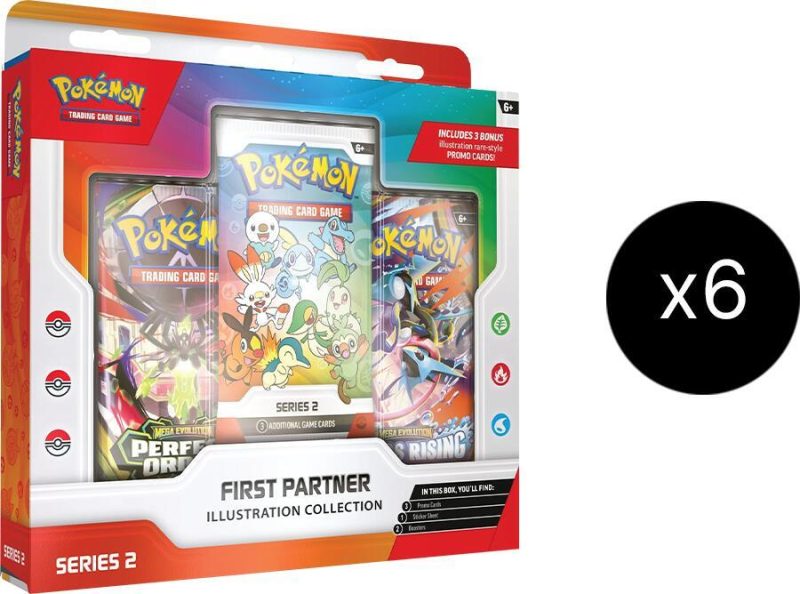 Card Text:30 Years of First Partner Pokémon! Every Pokémon Trainer’s journey begins with a first partner—a loyal friend who stands by your side through thick and thin! Relive your own adventures and celebrate the bond between Trainer and Pokémon with a booster pack containing 3 of 9 illustration rare-style promo cards consisting of beloved first partner Pokémon from the Johto, Unova, or Galar region. You’ll also find two more Pokémon TCG booster packs and a fun sticker sheet featuring first partner Pokémon friends. Case contains 6 boxes The Pokémon TCG: First Partner Illustration Collection—Series 2 includes: • 1 Pokémon TCG booster pack containing 3 of 9 promo cards • 2 Pokémon TCG booster packs • 1 sticker sheet First Partner Illustration Collection Case (Series 2) - First Partner Collection 2026