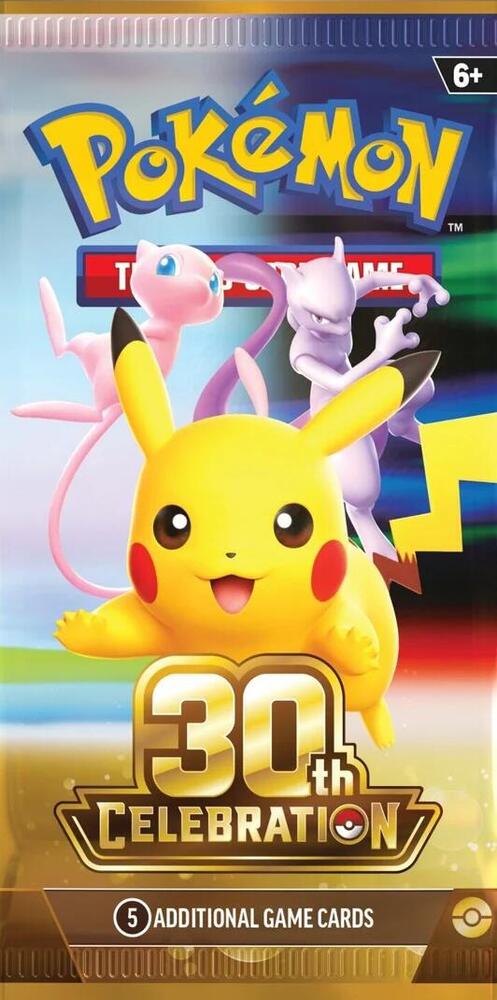 Card Text:Commemorate 30 years of joy with fan-favorite Pokémon spanning three dazzling decades! Celebrate this magnificent milestone with the might presences of Mewtwo ex and Mew ex, followed by a wealth of allies like Umbreon ex, Salamance ex, and Greninja ex. Plus, there are 30 reasons to honor Pikachu, as each booster pack contains one—with 30 unique variations to collect as Pikachu rare cards! And, whether you're looking forward to a glittering future or taking a nostalgic look at a storied past, there are a host of treasures to find and secrets to reveal in the Pokémon TCG: 30th Celebration! 30th Celebration Pack - ME: 30th Celebration (30C)